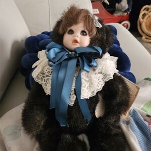 Vintage Porcelain Doll with Blue Ribbon and Lace 16"